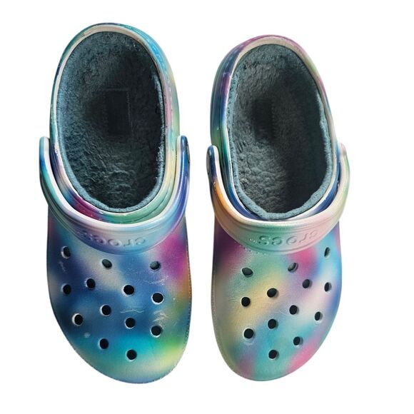 Crocs Classic Clogs Fur Lined Tie Dye Multicolor Women's Size 8 Cozy Comfort - Picture 9 of 13